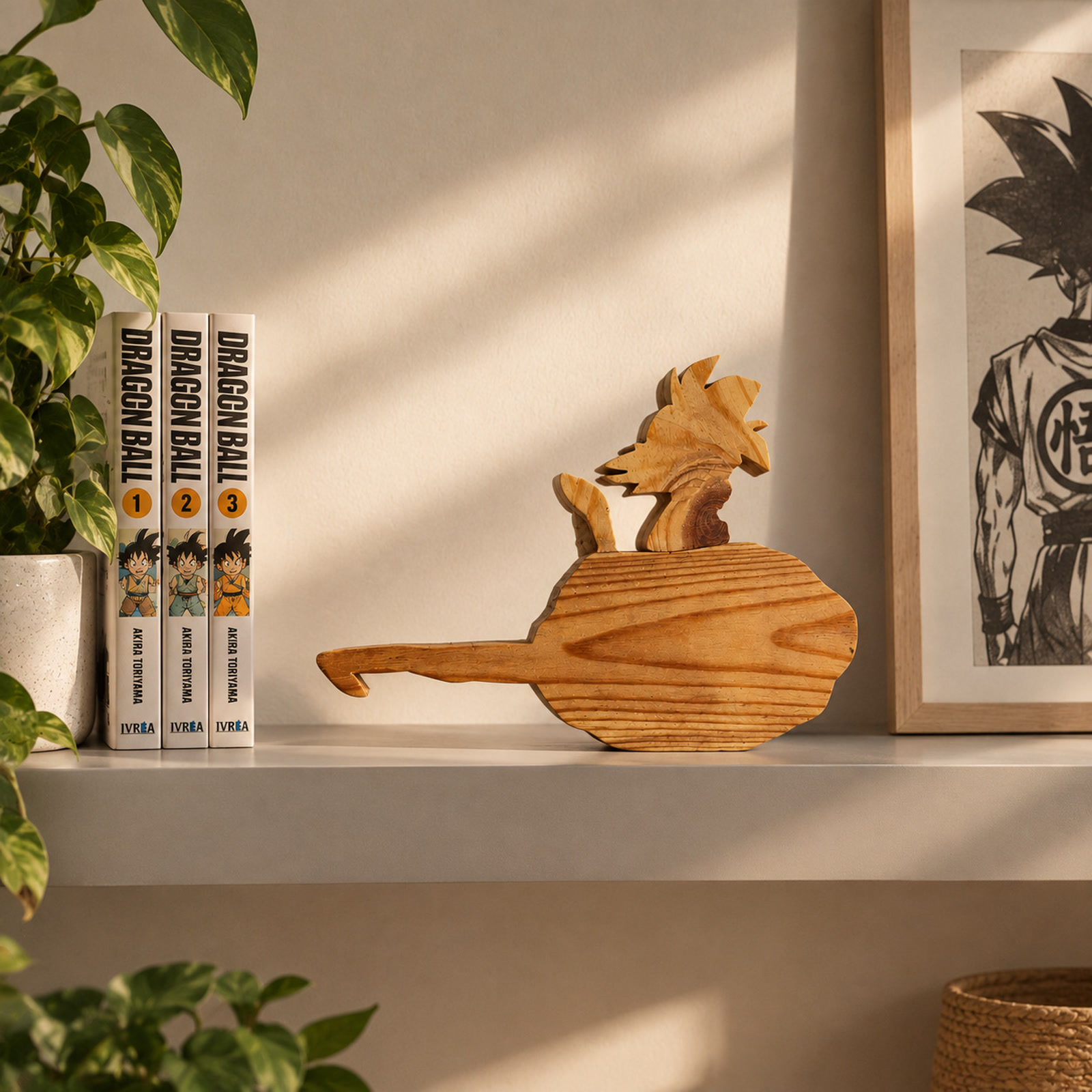 Figura artesanal en madera por capas de Goku sobre la nube Kinto